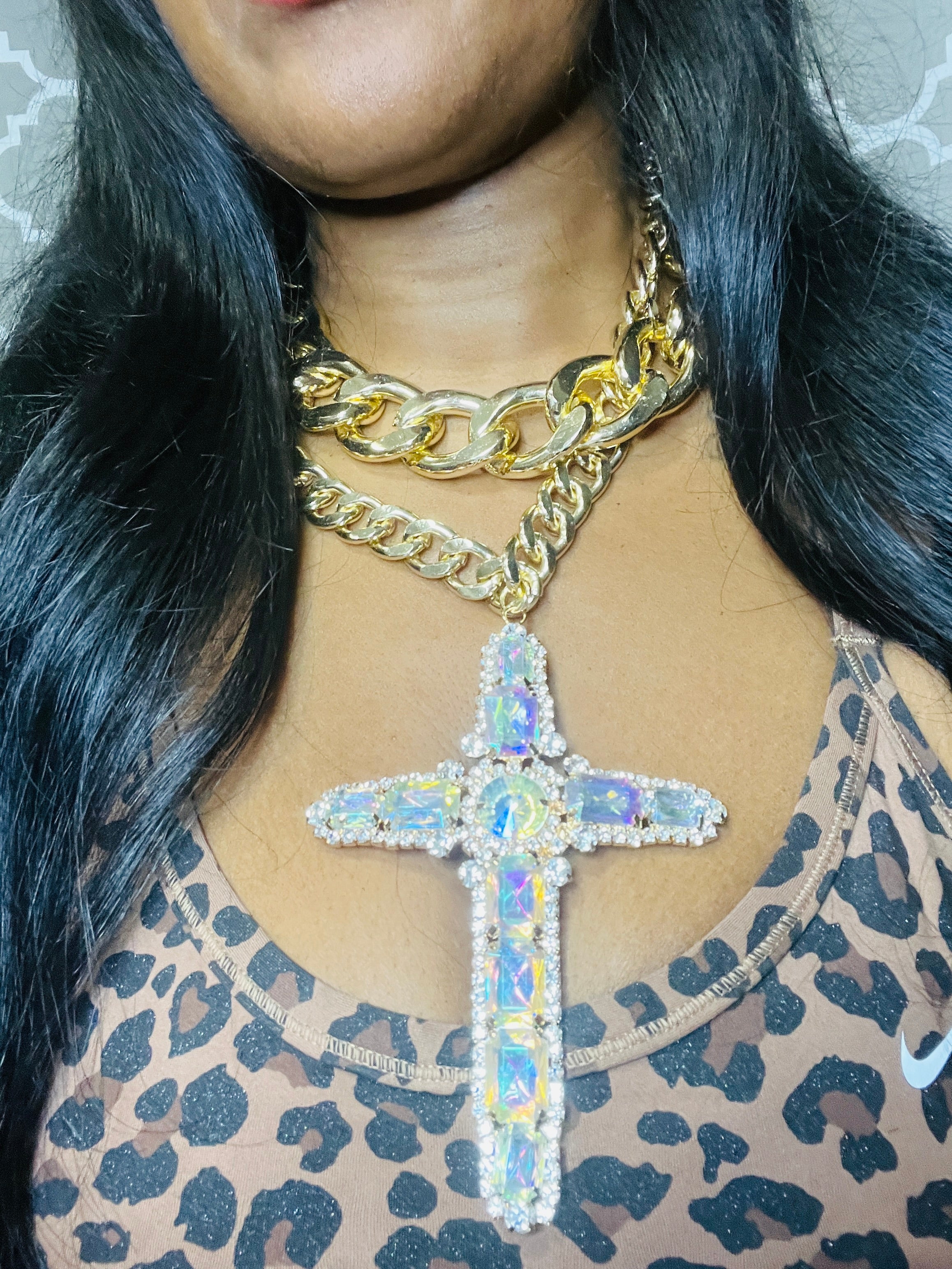 Chunky Fashion Layered Cross Chain Link Necklace - Silver