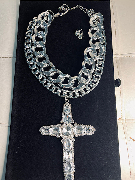 Chunky Fashion Layered Cross Chain Link Necklace - Silver