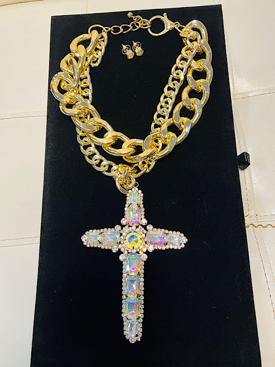 Chunky Fashion Layered Cross Chain Link Necklace - Gold
