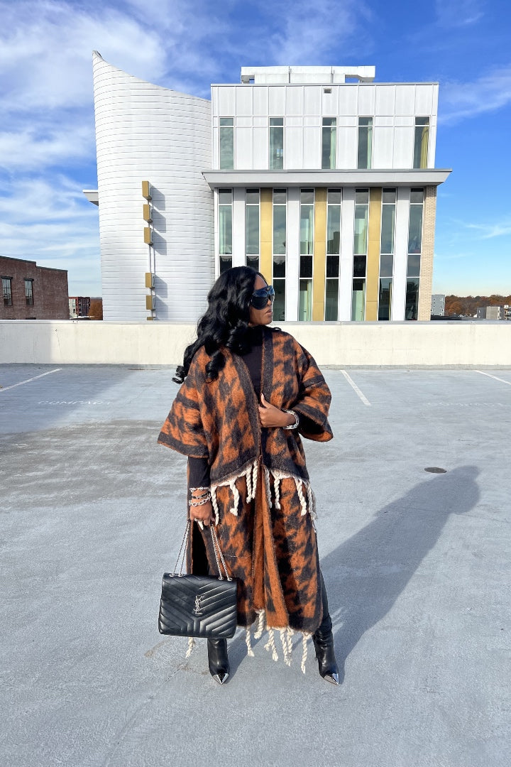 Rich Auntie Winter Open Front Long Kimono - Black and Rust Houndstooth Blend
