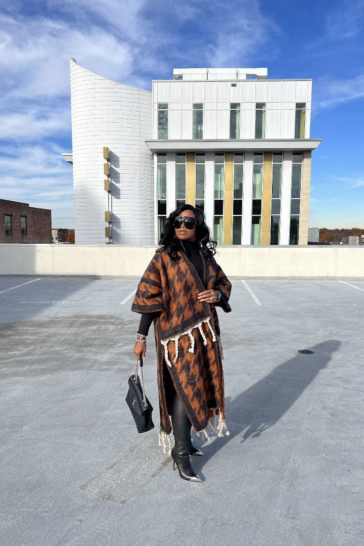 Rich Auntie Winter Open Front Long Kimono - Black and Rust Houndstooth Blend