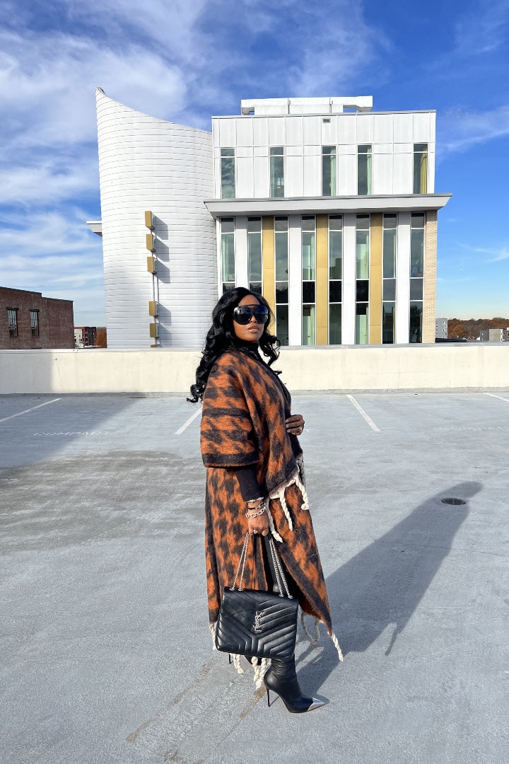 Rich Auntie Winter Open Front Long Kimono - Black and Rust Houndstooth Blend