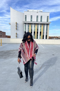 Rich Auntie Winter Open Front Poncho - Burgundy Brown and Tan Stripe Blend