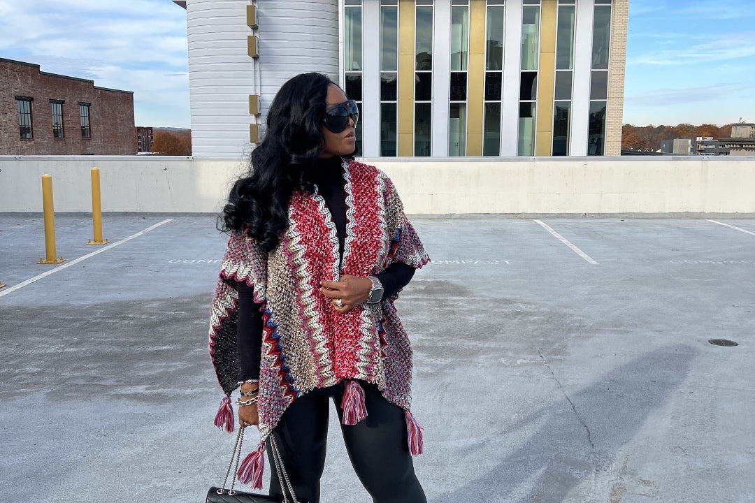 Rich Auntie Winter Open Front Poncho - Burgundy Brown and Tan Stripe Blend