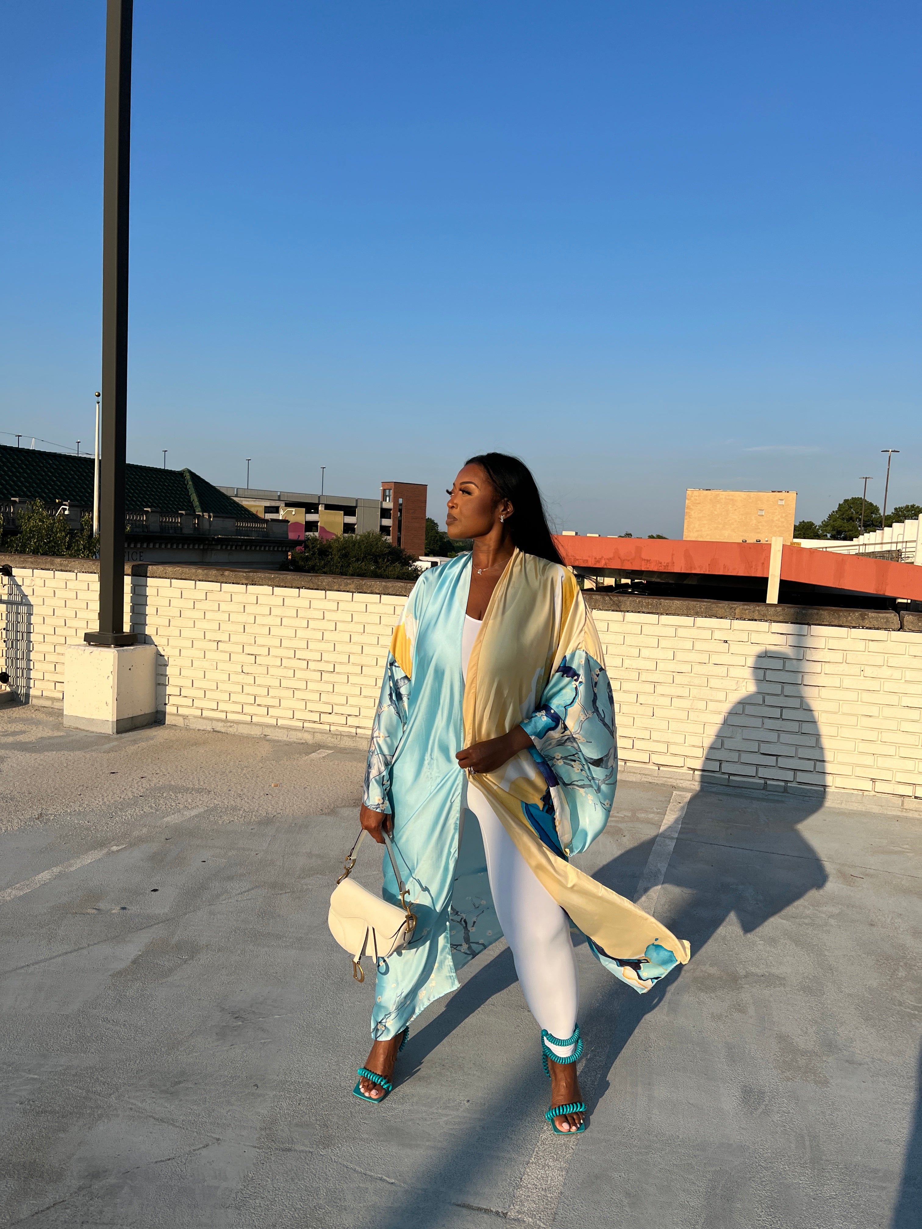 Turks and Caicos Open Front Kimono Long Kimono - Baby Blue and Banana Blend