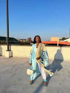 Turks and Caicos Open Front Kimono Long Kimono - Baby Blue and Banana Blend