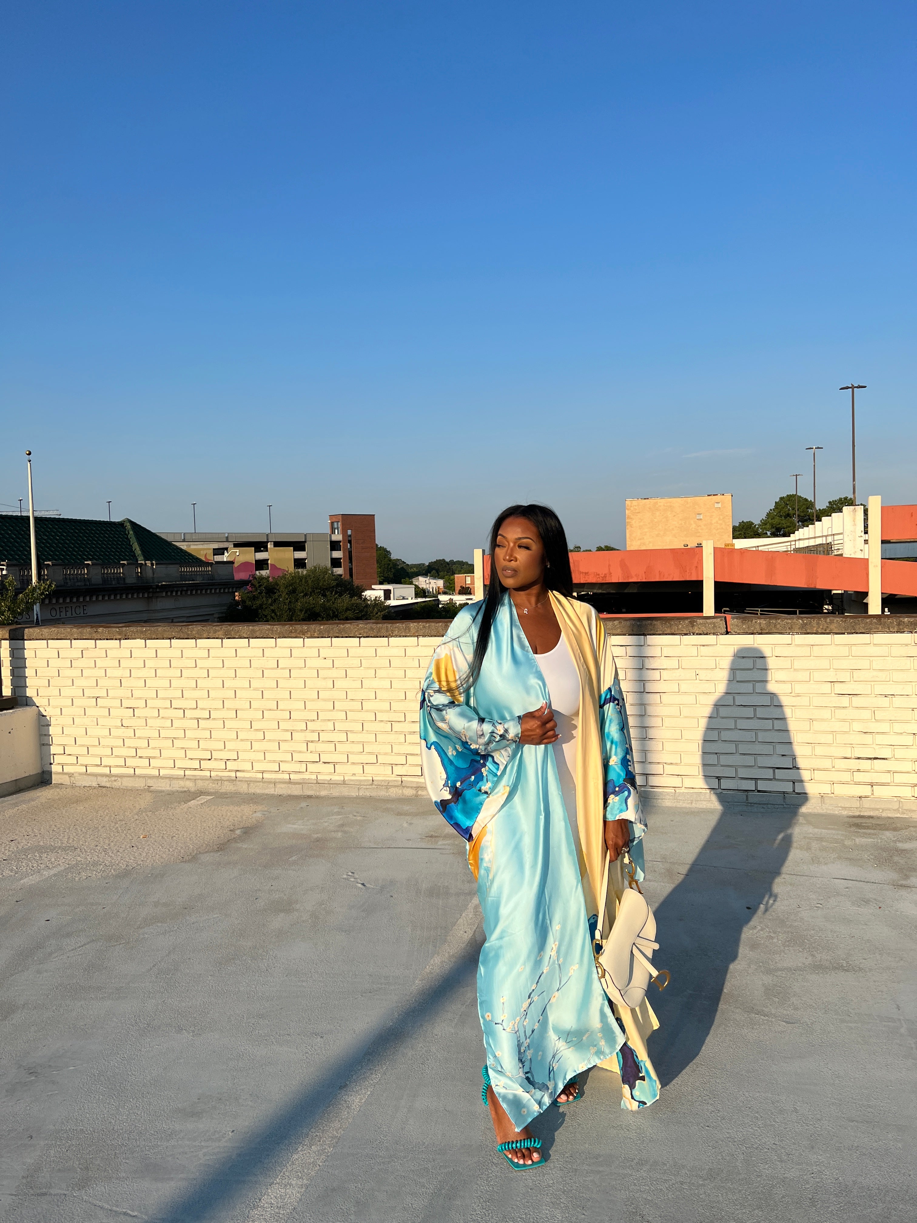 Turks and Caicos Open Front Kimono Long Kimono - Baby Blue and Banana Blend