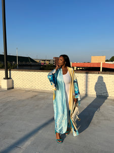 Turks and Caicos Open Front Kimono Long Kimono - Baby Blue and Banana Blend