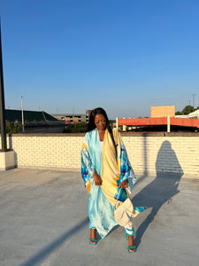 Turks and Caicos Open Front Kimono Long Kimono - Baby Blue and Banana Blend
