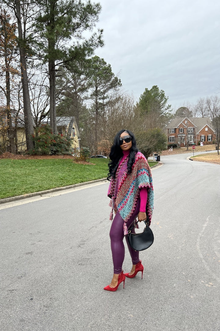 Rich Auntie Winter Open Front Poncho - Eggplant Turquoise Tan Blend