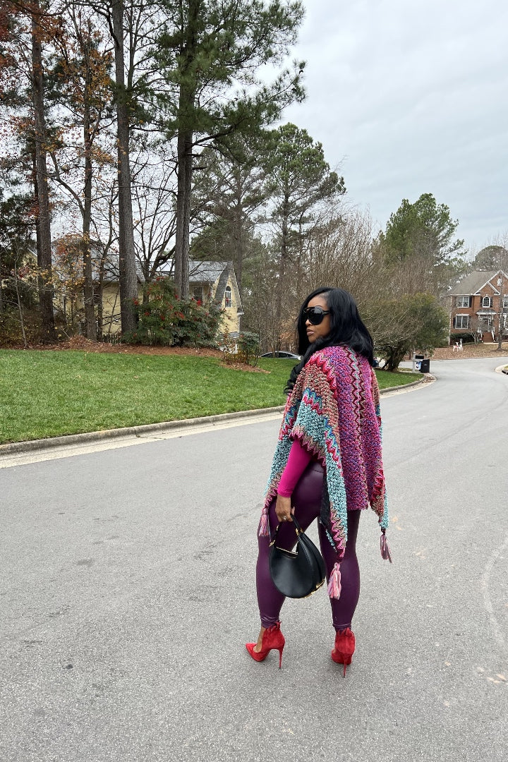 Rich Auntie Winter Open Front Poncho - Eggplant Turquoise Tan Blend