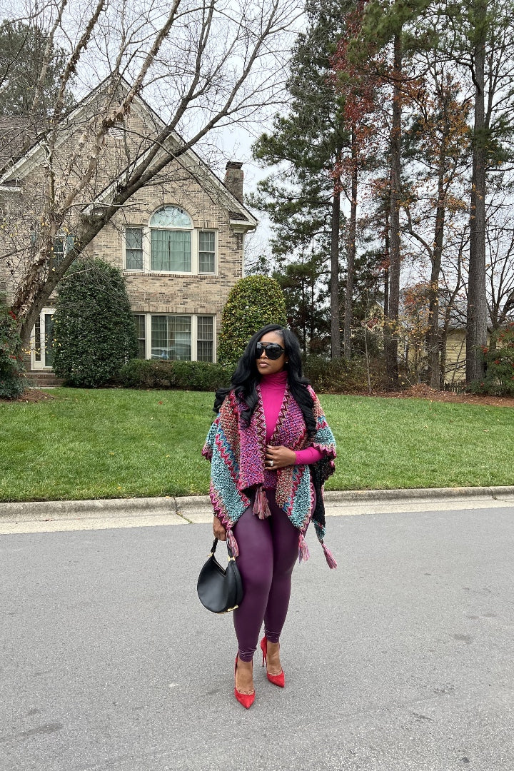 Rich Auntie Winter Open Front Poncho - Eggplant Turquoise Tan Blend