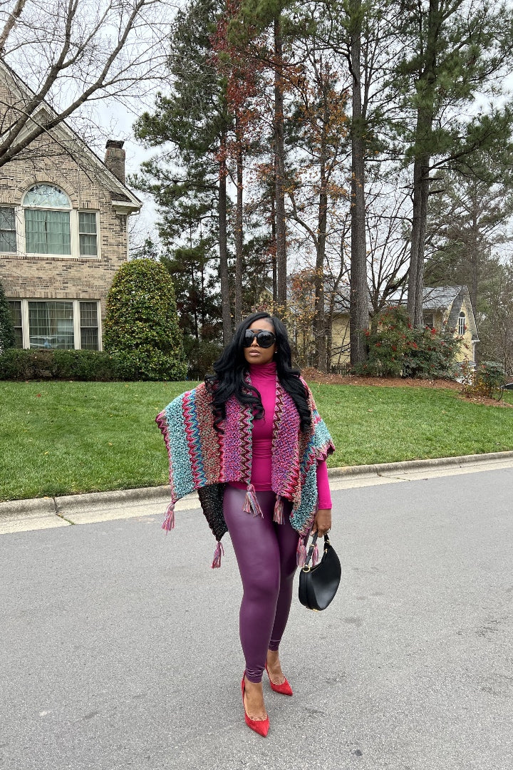 Rich Auntie Winter Open Front Poncho - Eggplant Turquoise Tan Blend