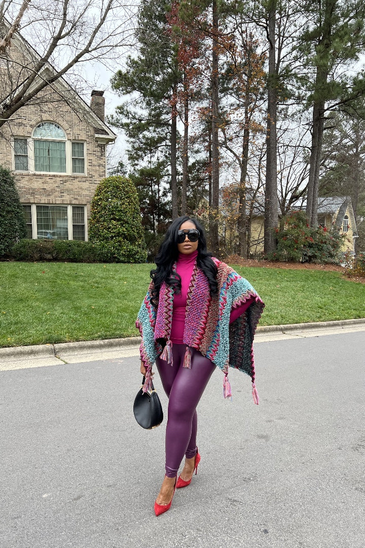 Rich Auntie Winter Open Front Poncho - Eggplant Turquoise Tan Blend