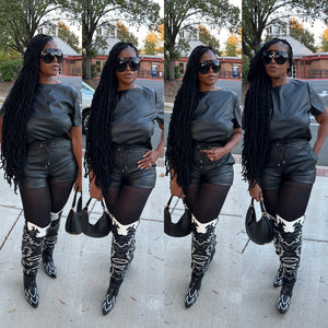 2 pc Faux Leather Vegan T Shirt Short Set -Black