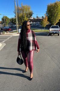 Plaid Cowl Neck Poncho - Burgundy Blend