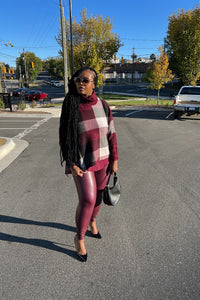 Plaid Cowl Neck Poncho - Burgundy Blend