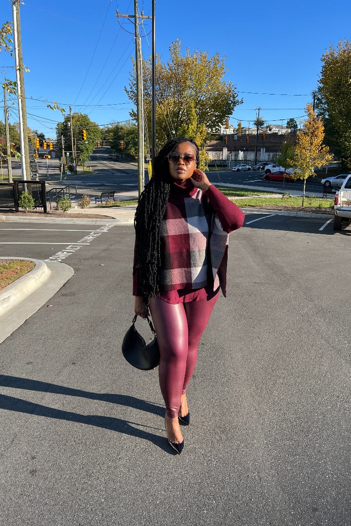 Plaid Cowl Neck Poncho - Burgundy Blend