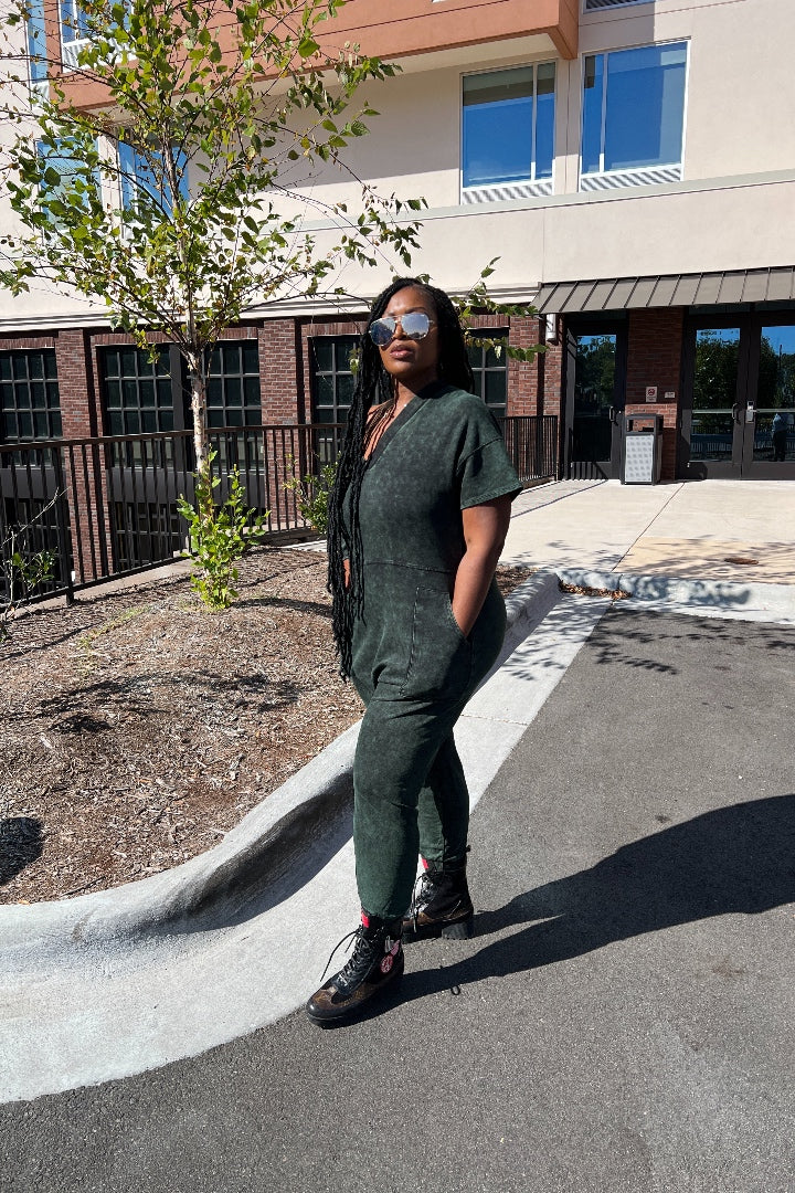 Everyday Harem Acid Wash Jumpsuit - Army Green