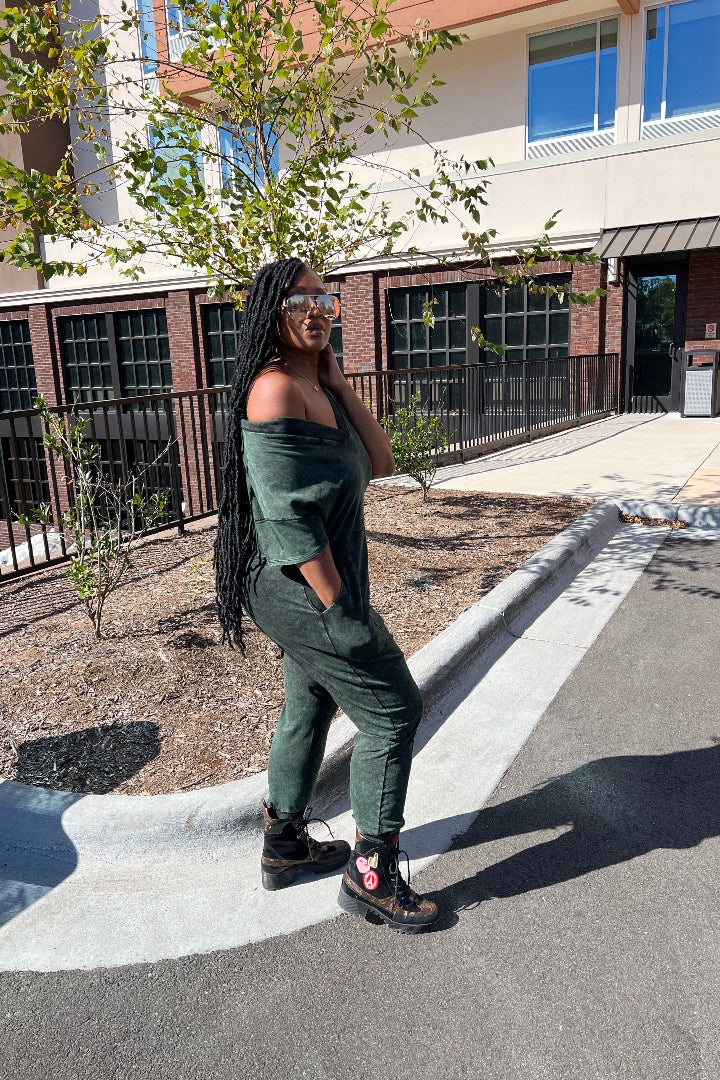 Everyday Harem Acid Wash Jumpsuit - Army Green