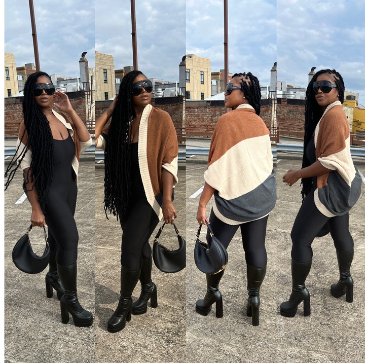 Cuff It Tri Color Drape Color Block Cardigan Sweater - Chocolate Cream and Charcoal Grey Blend