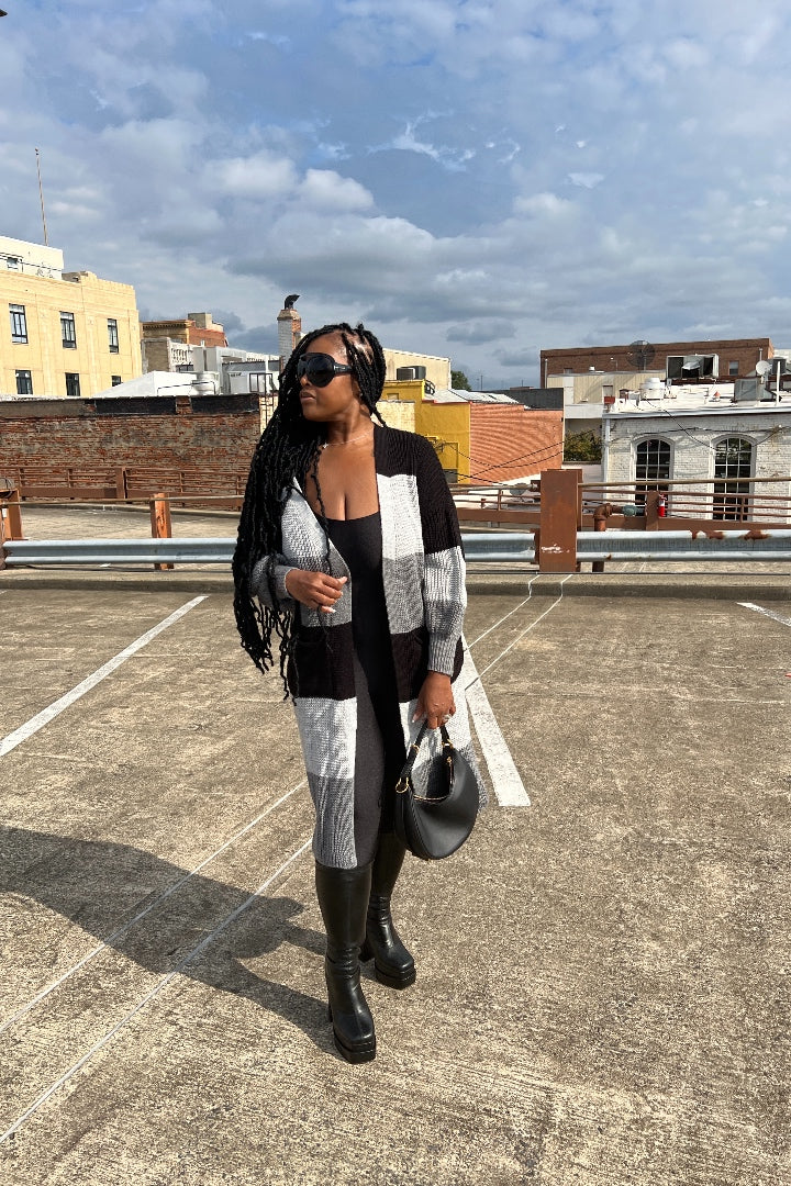 Tri Color Long Cardigan in Grey and Black Blend