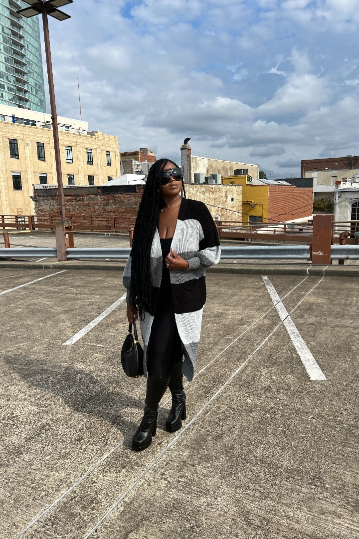 Tri Color Long Cardigan in Grey and Black Blend