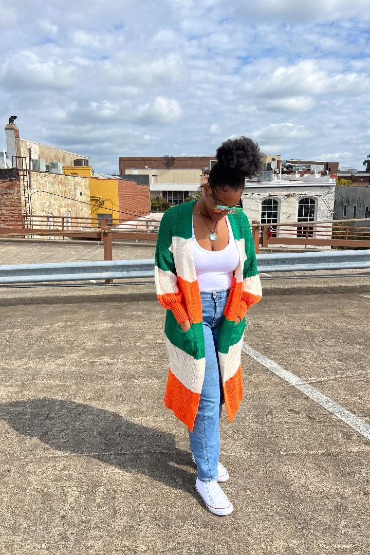 RESTOCKED Tri Color Long Cardigan in Green and Orange Blend