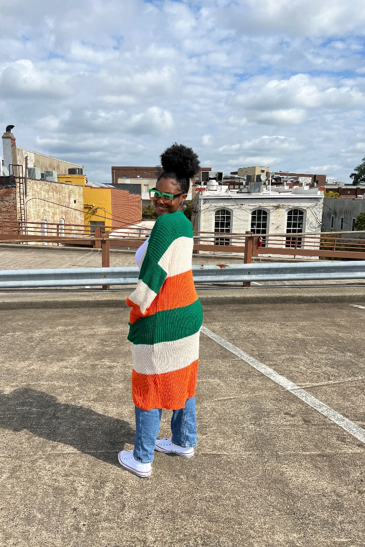 RESTOCKED Tri Color Long Cardigan in Green and Orange Blend