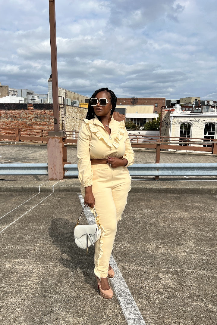 Ruffle Retro Jacket Set Beige