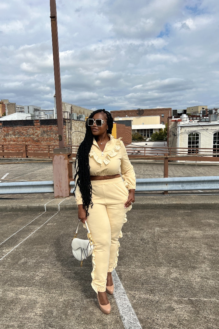 Ruffle Retro Jacket Set Beige
