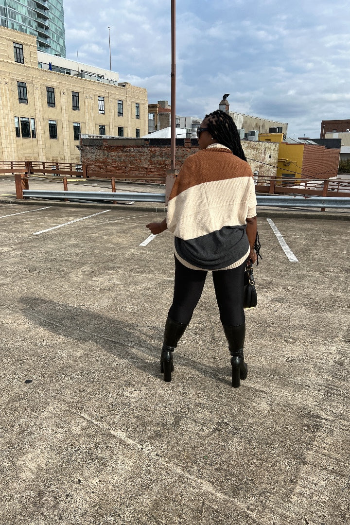 Cuff It Tri Color Drape Color Block Cardigan Sweater - Chocolate Cream and Charcoal Grey Blend