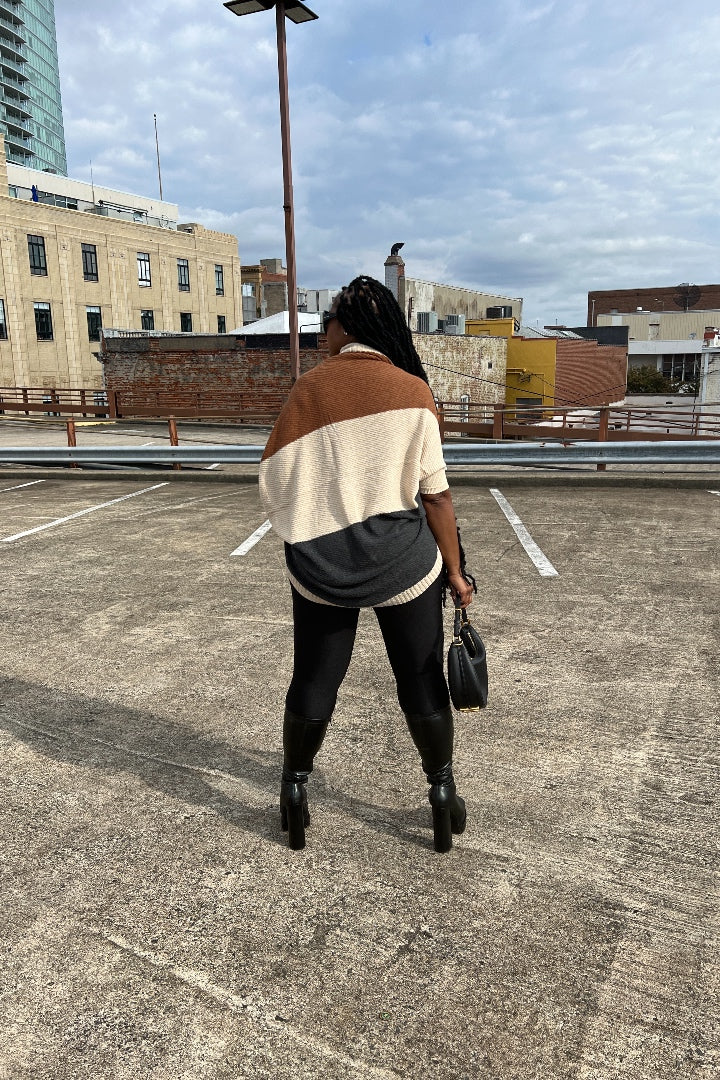 Cuff It Tri Color Drape Color Block Cardigan Sweater - Chocolate Cream and Charcoal Grey Blend