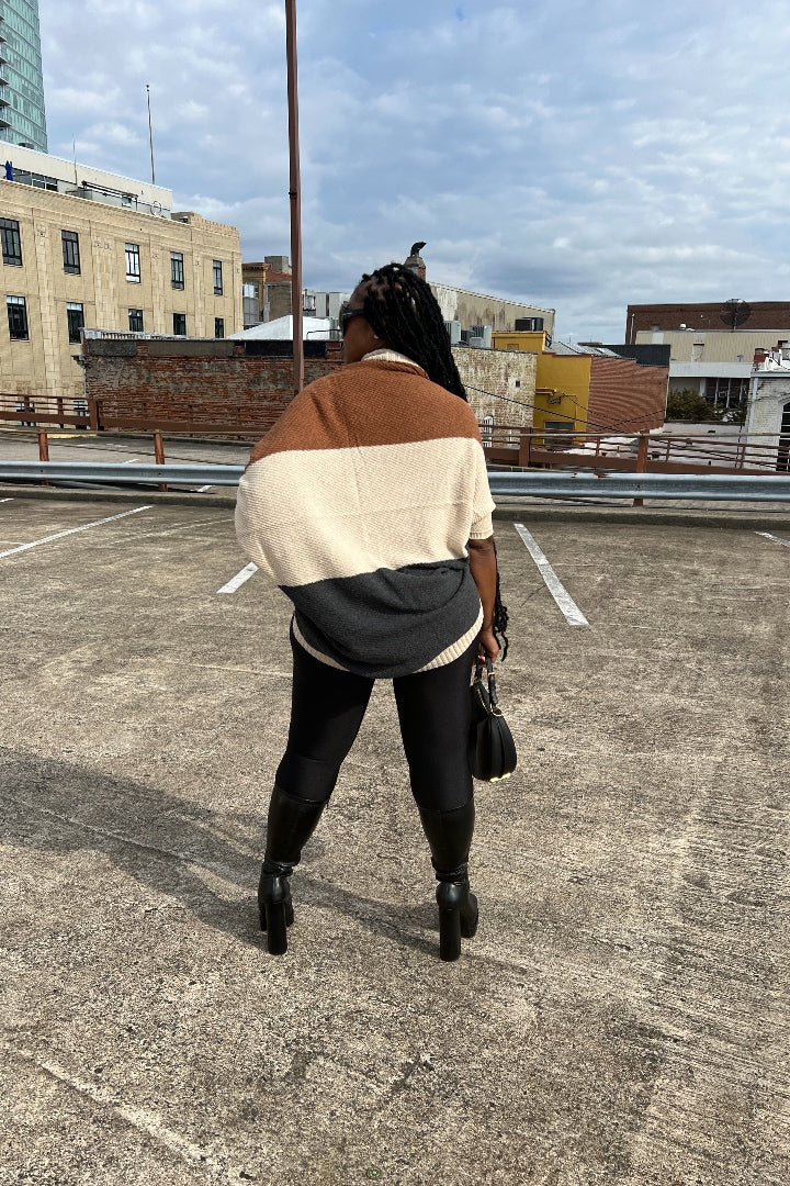Cuff It Tri Color Drape Color Block Cardigan Sweater - Chocolate Cream and Charcoal Grey Blend