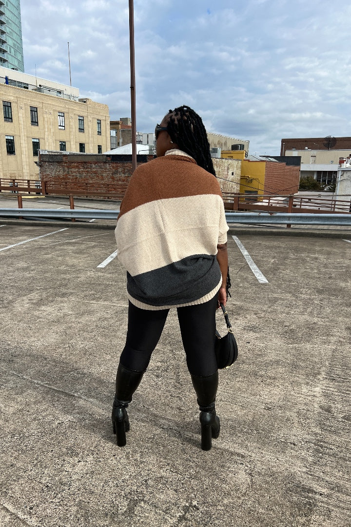 Cuff It Tri Color Drape Color Block Cardigan Sweater - Chocolate Cream and Charcoal Grey Blend