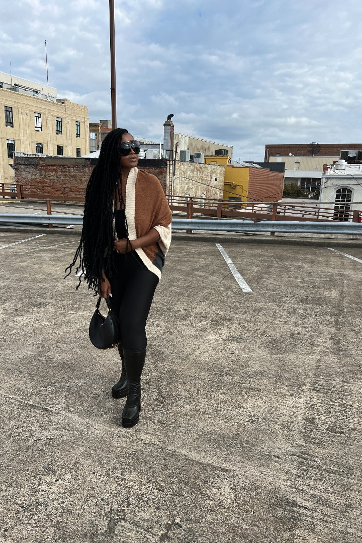 Cuff It Tri Color Drape Color Block Cardigan Sweater - Chocolate Cream and Charcoal Grey Blend