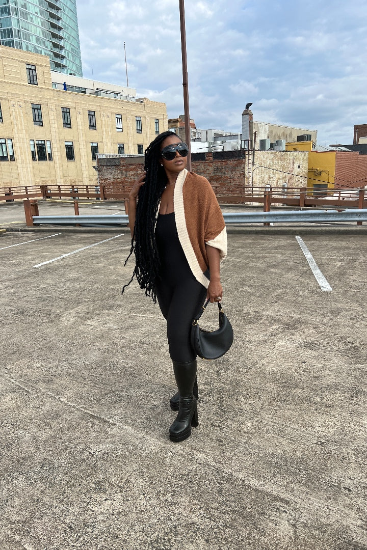 Cuff It Tri Color Drape Color Block Cardigan Sweater - Chocolate Cream and Charcoal Grey Blend