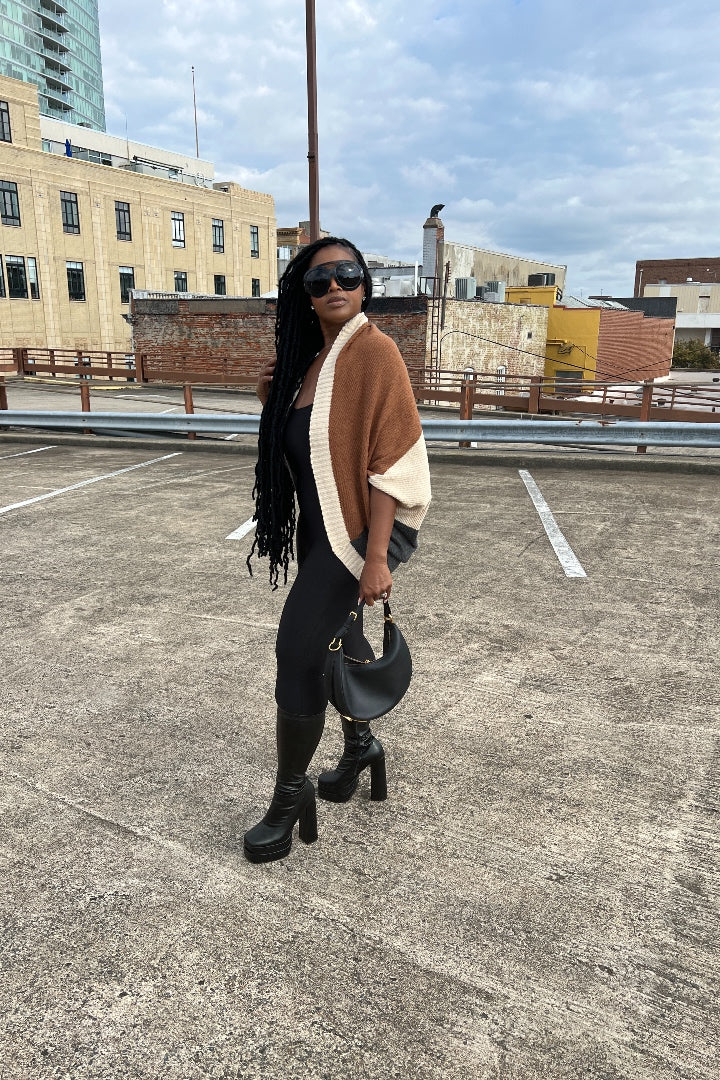 Cuff It Tri Color Drape Color Block Cardigan Sweater - Chocolate Cream and Charcoal Grey Blend