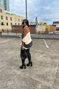 Cuff It Tri Color Drape Color Block Cardigan Sweater - Chocolate Cream and Charcoal Grey Blend