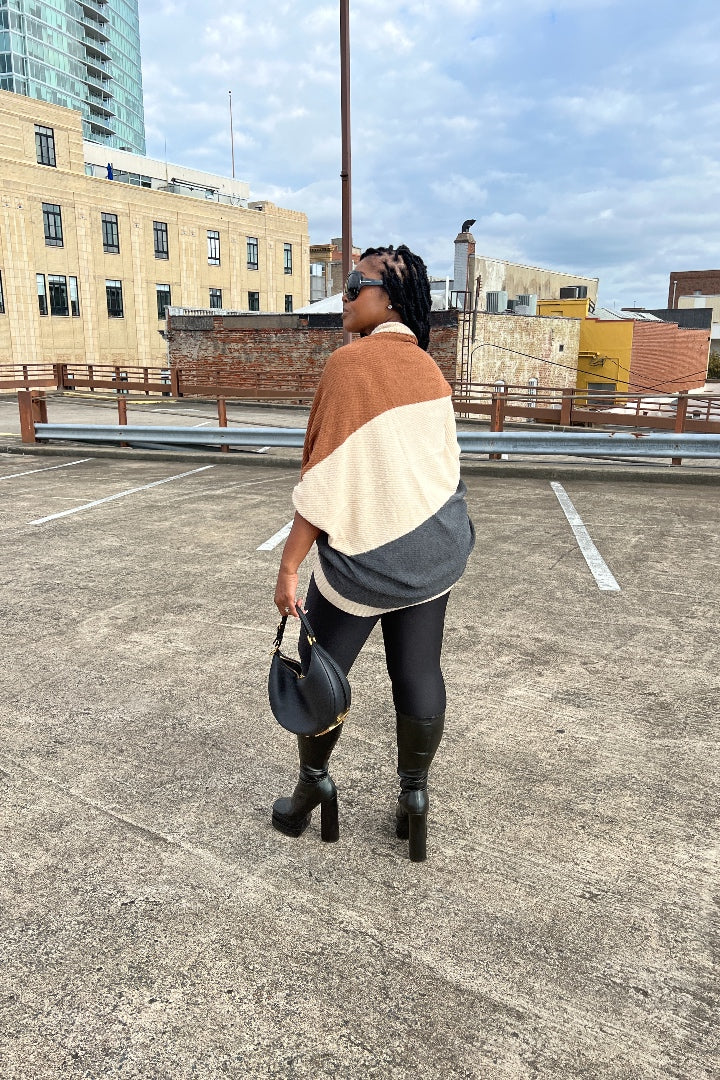 Cuff It Tri Color Drape Color Block Cardigan Sweater - Chocolate Cream and Charcoal Grey Blend