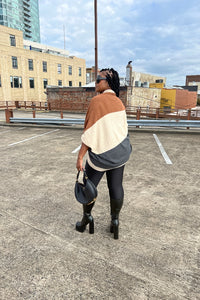 Cuff It Tri Color Drape Color Block Cardigan Sweater - Chocolate Cream and Charcoal Grey Blend