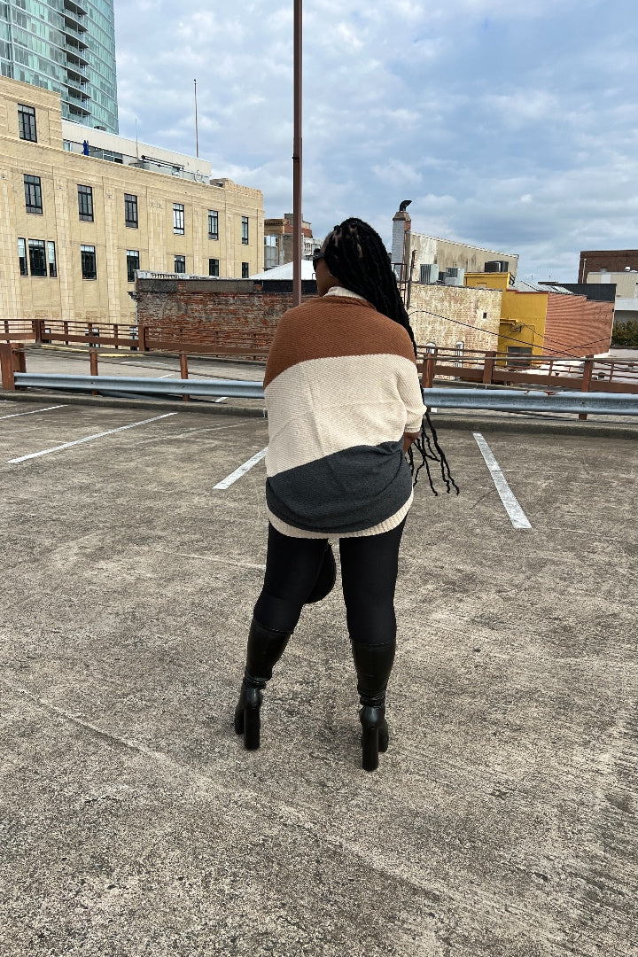 Cuff It Tri Color Drape Color Block Cardigan Sweater - Chocolate Cream and Charcoal Grey Blend