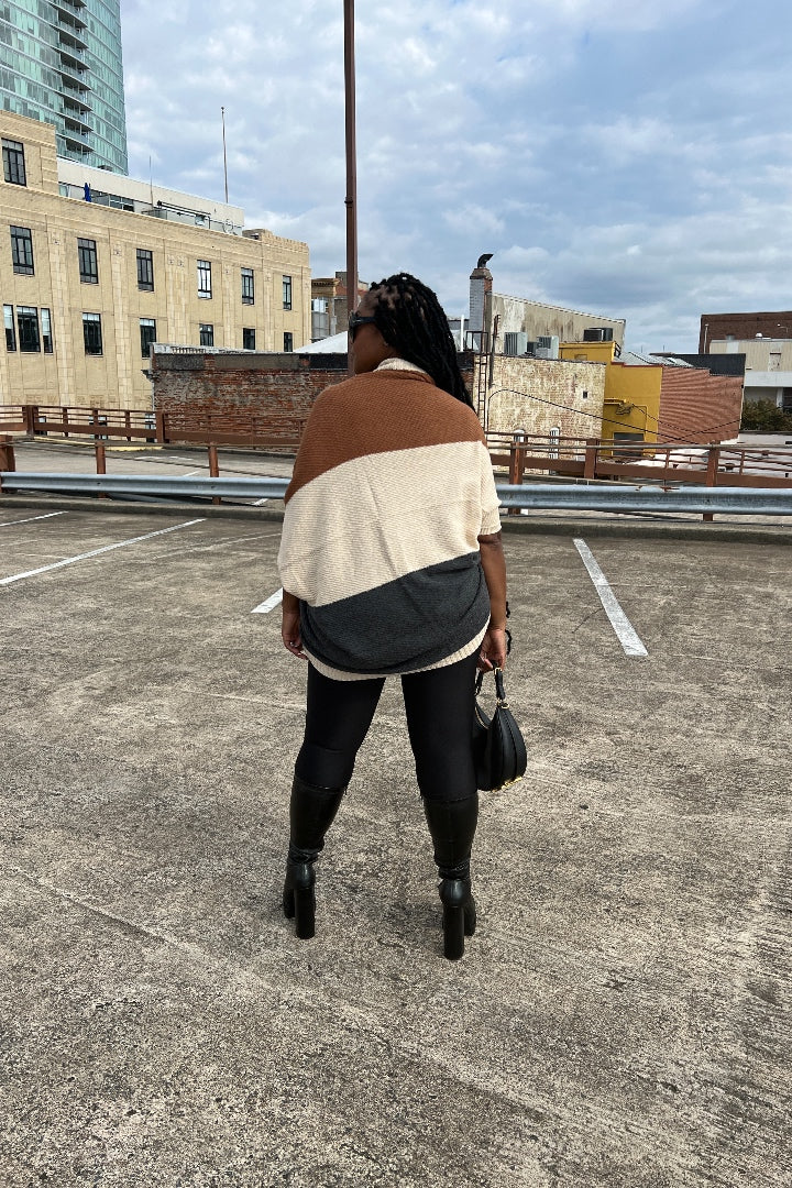 Cuff It Tri Color Drape Color Block Cardigan Sweater - Chocolate Cream and Charcoal Grey Blend