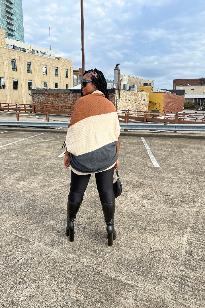 Cuff It Tri Color Drape Color Block Cardigan Sweater - Chocolate Cream and Charcoal Grey Blend