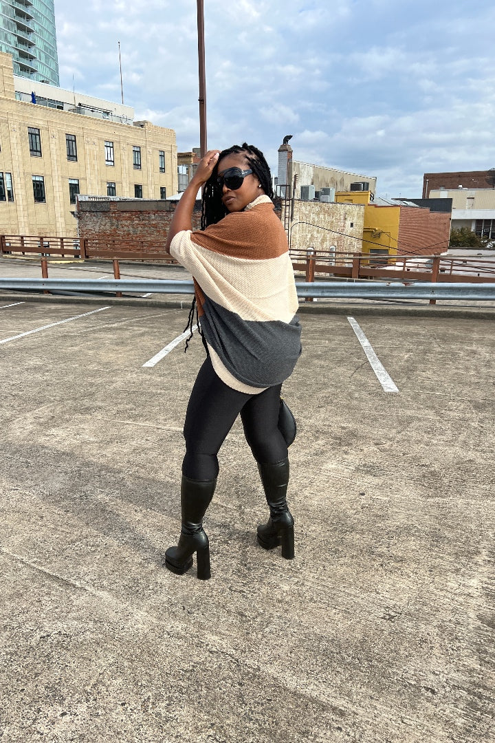 Cuff It Tri Color Drape Color Block Cardigan Sweater - Chocolate Cream and Charcoal Grey Blend