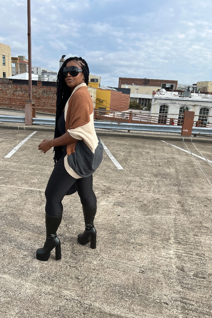 Cuff It Tri Color Drape Color Block Cardigan Sweater - Chocolate Cream and Charcoal Grey Blend