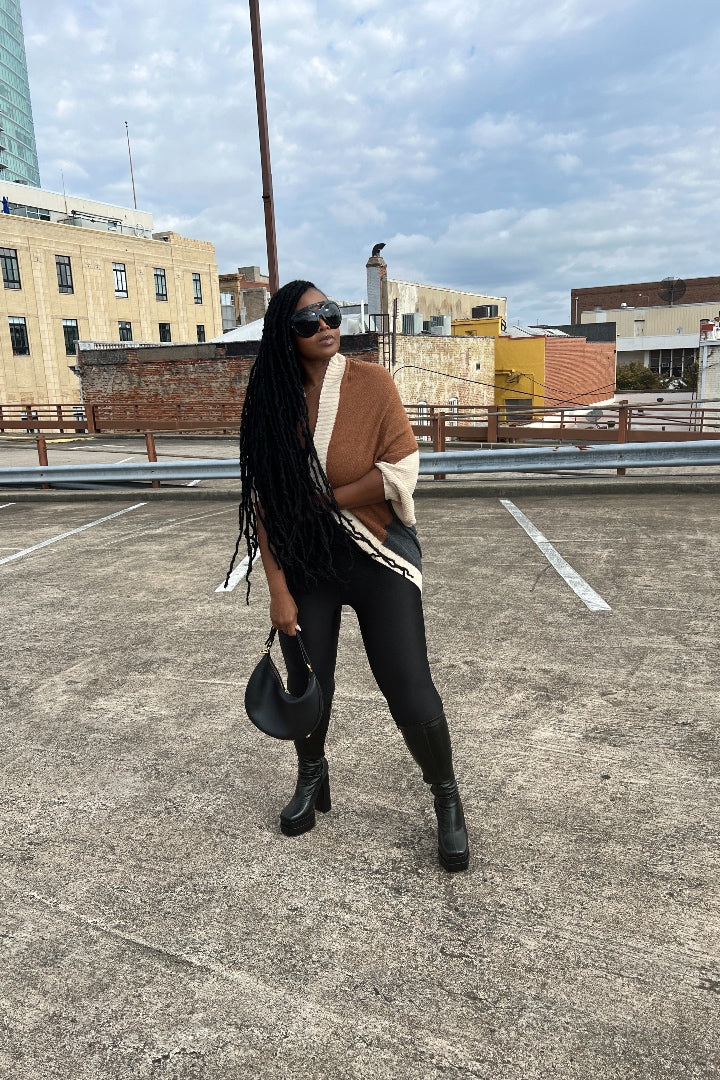 Cuff It Tri Color Drape Color Block Cardigan Sweater - Chocolate Cream and Charcoal Grey Blend