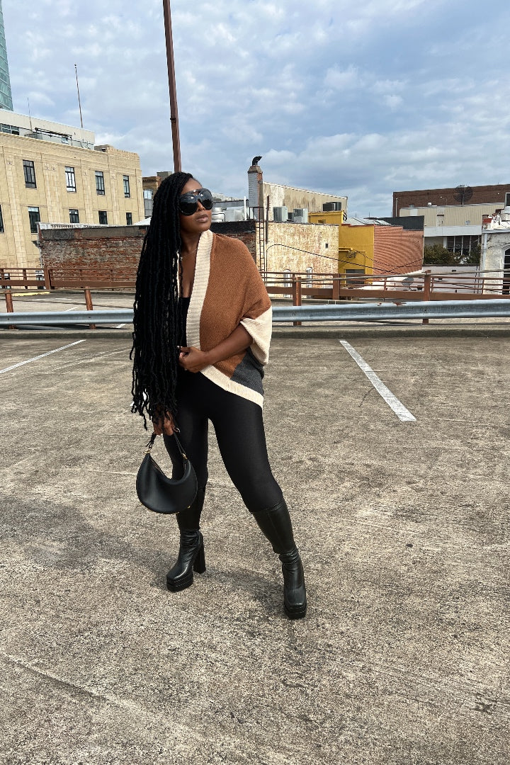 Cuff It Tri Color Drape Color Block Cardigan Sweater - Chocolate Cream and Charcoal Grey Blend