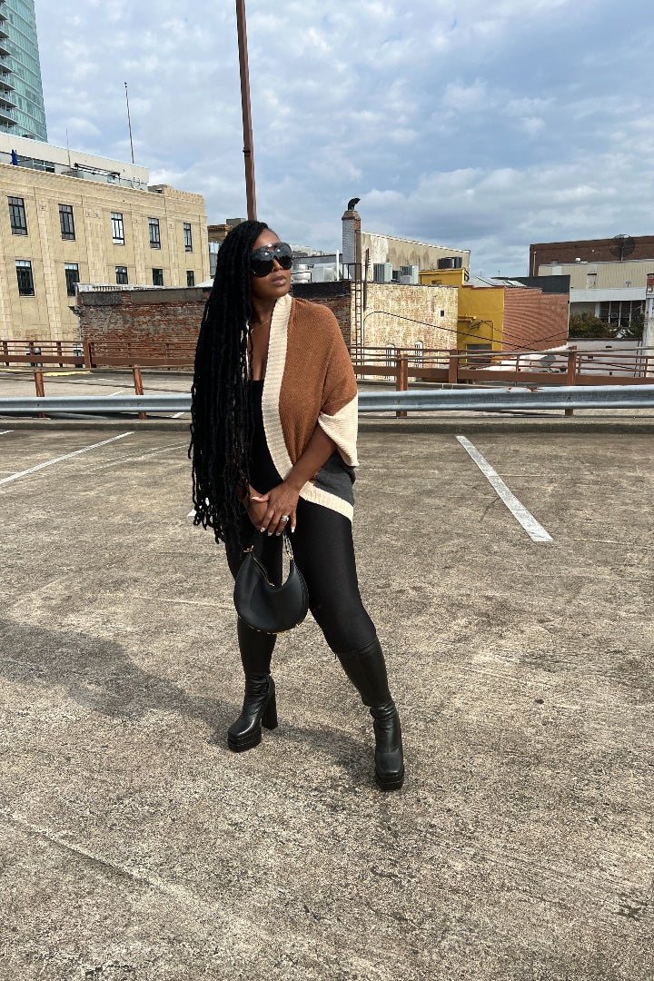 Cuff It Tri Color Drape Color Block Cardigan Sweater - Chocolate Cream and Charcoal Grey Blend