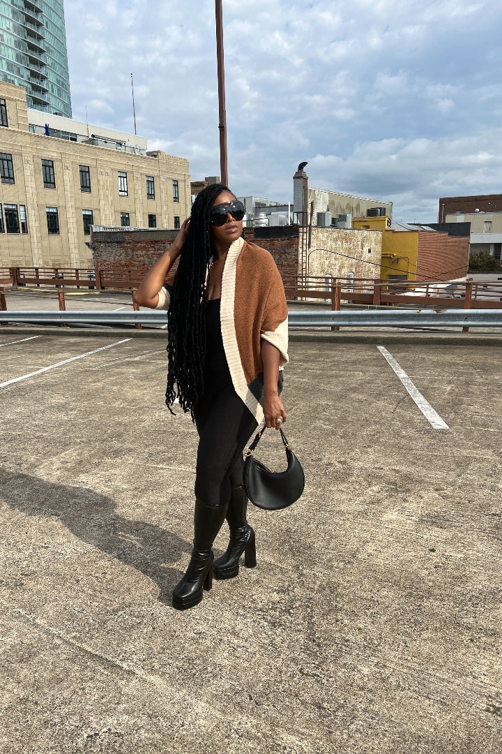 Cuff It Tri Color Drape Color Block Cardigan Sweater - Chocolate Cream and Charcoal Grey Blend